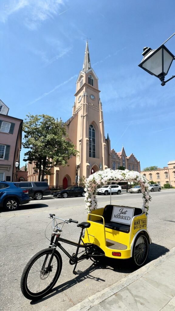 A yellow pedicab parked on a Charleston street near a historic church