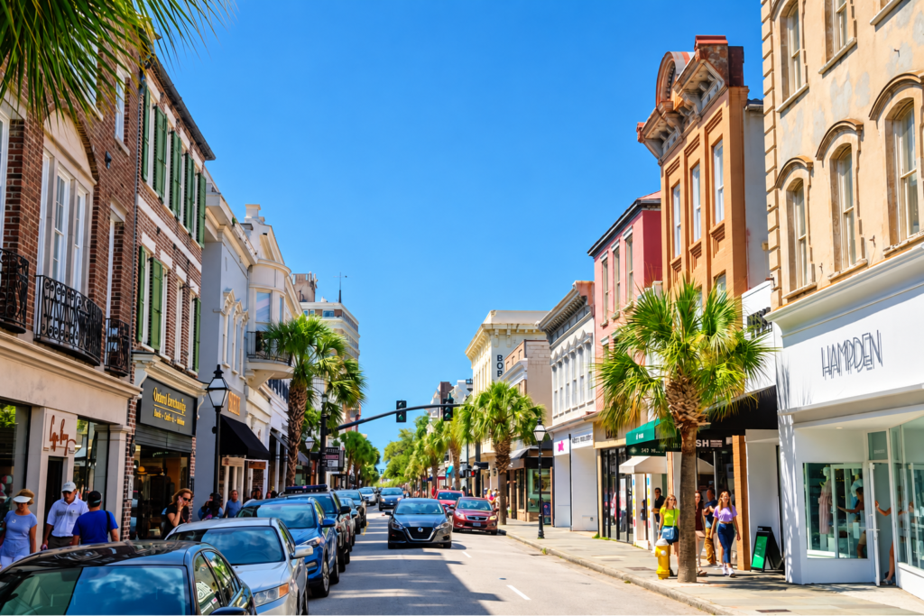 Palm-lined King Street in downtown Charleston on a sunny day