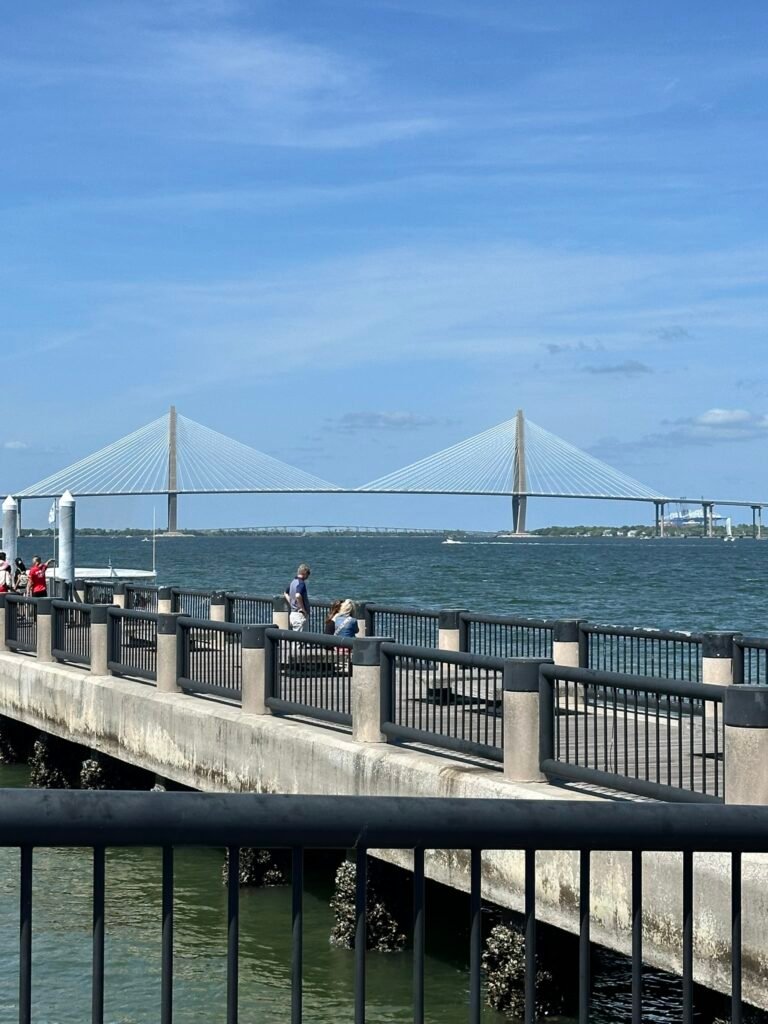 Charleston harbor and the Ravenel Bridge seen from Waterfront Park